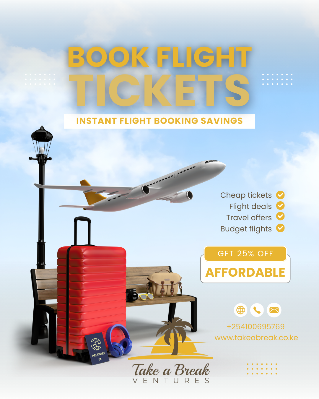 Book flights, apply for visas, and find the best tour packages with Take A Break Ventures. Your reliable travel partner in Nairobi for local and international trips.